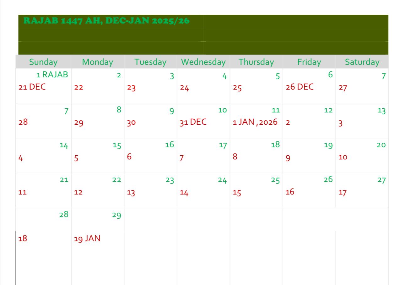 RAJAB 1447 AH DEC-JAN 2025-26