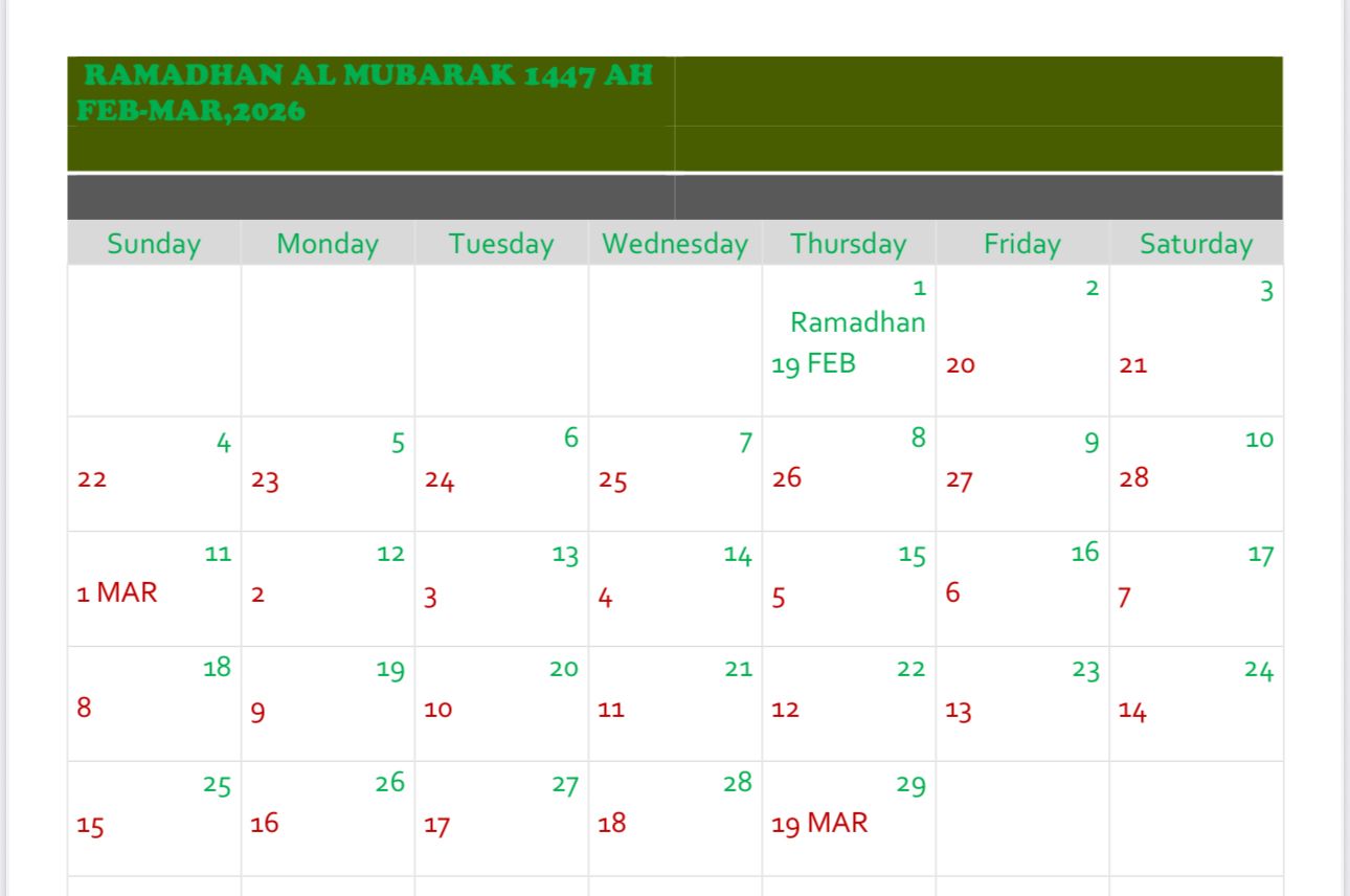 RAMADHAN AL MUBARAK 1447 AH, FEB-MARCH 2026