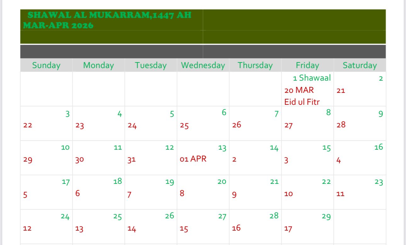 SHAWWAL 1447AH, MRCH-APRIL 2026
